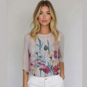 VIOLA BORGHI Linen Floral Print Top, Dolman Short Sleeve, Oversized Fit